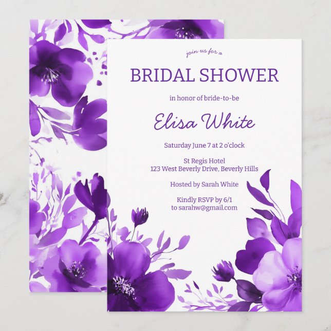 Lila Blooms Watercolor Möhippa ANPASSNINGSBAR Inbjudningar (Fram/baksida)