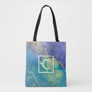 Lila Blue and Guld Abstrakt Art Monogram Tygkasse