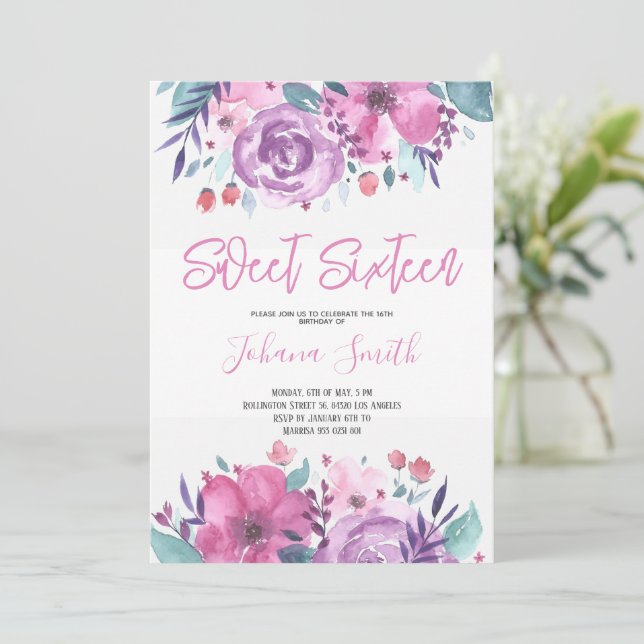 Lila Blue Blommigt 6:e födelsedagardagen inbjudan (Stående Fram)