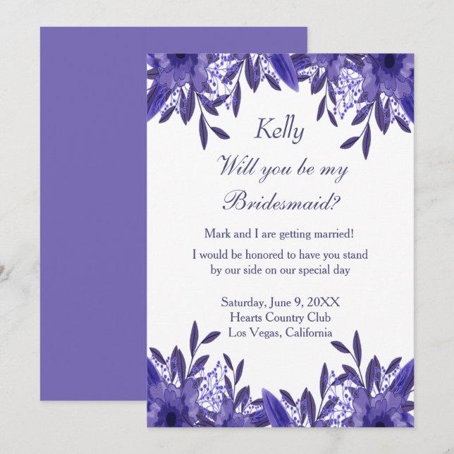 Lila Blue Blommigt Foliage Bridesmaid Card Inbjudningar (Fram/baksida)