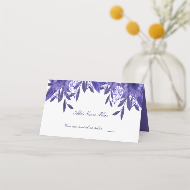 Lila Blue Blommigt Foliage Folat Bord Place Card Placeringskort (Framsida)