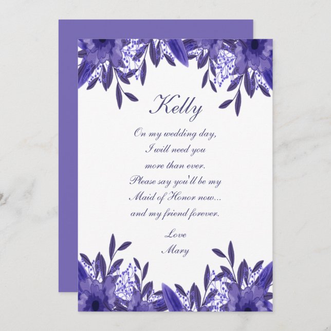 Lila Blue Blommigt Foliage Maid of honor Card Inbjudningar (Fram/baksida)