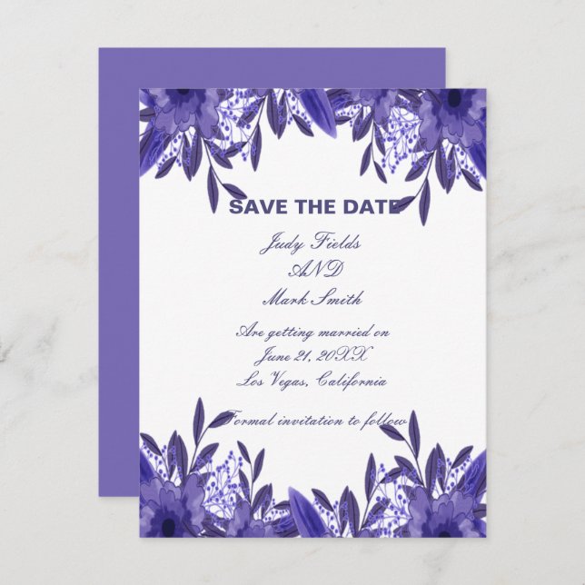 Lila Blue Blommigt Foliage Save Date Card (Fram/baksida)