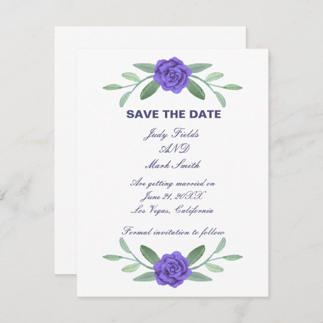 Lila Blue Blommigt Greenery Foliage Spara datum Meddelande (Fram/baksida)