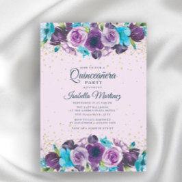 Lila Blue Blommigt Guld Glitter Quinceañera Inbjudningar