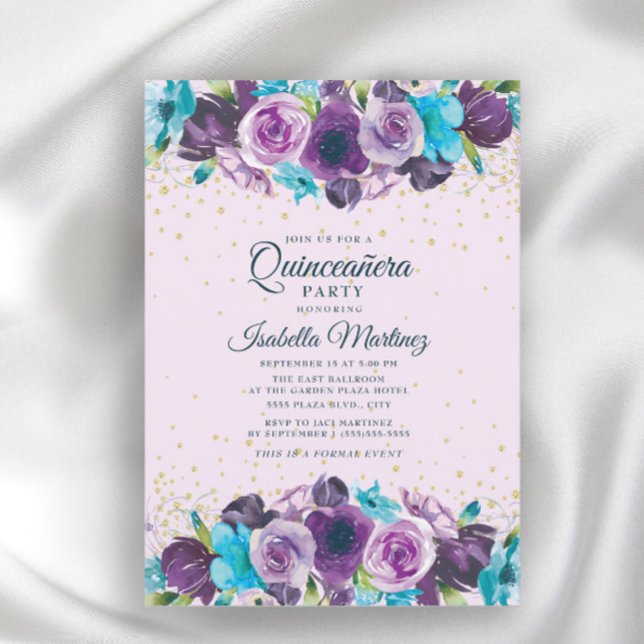 Lila Blue Blommigt Guld Glitter Quinceañera Inbjudningar (Skapare uppladdad)