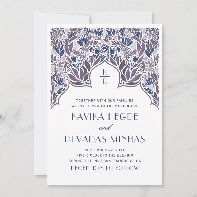 Lila Blue blommigt Indian Bollywood asian bröllop Inbjudningar (Framsida)