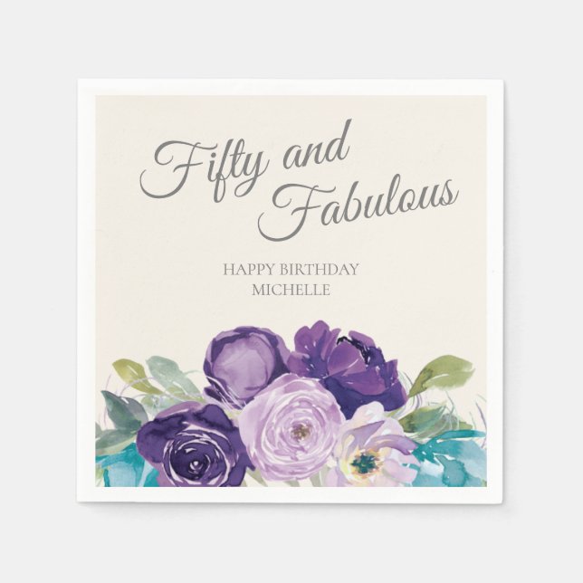 Lila Blue Blommigt Sage Löv 50 Fabulous Pappersservett (Framsidan)