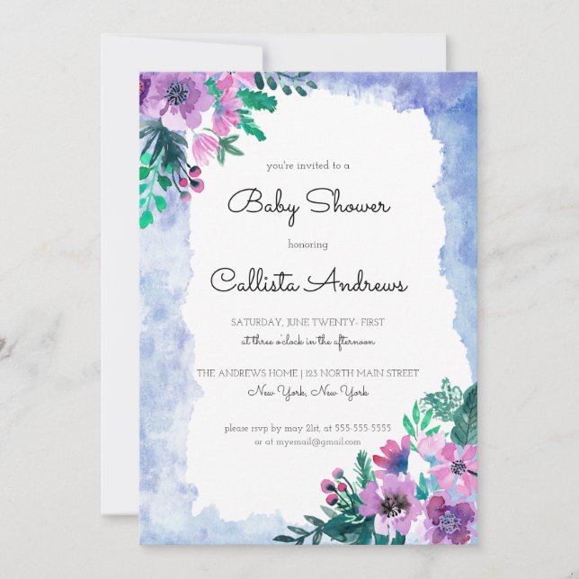 Lila Blue Blommigt Watercolor Baby Shower Inbjudningar (Framsida)