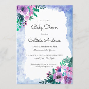 Lila Blue Blommigt Watercolor Baby Shower Inbjudningar