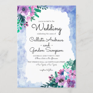 Lila Blue Blommigt Watercolor Bröllop Inbjudningar