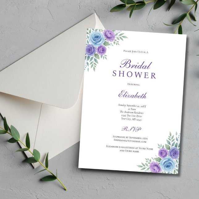 Lila Blue Blommigt Watercolor Möhippa Inbjudningar (Purple blue watercolor floral bridal shower invitation. Couples Wedding Shower)