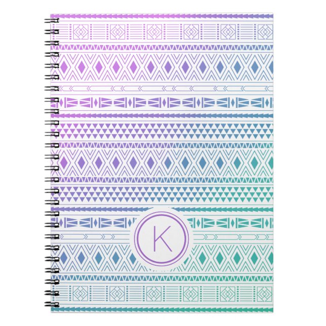 Lila Blue Boho Monogram Ombre Anteckningsbok (Framsidan)