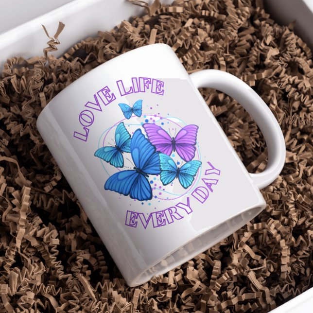 Lila Blue Bright Modern Flies Butterflies Kaffemugg (Skapare uppladdad)