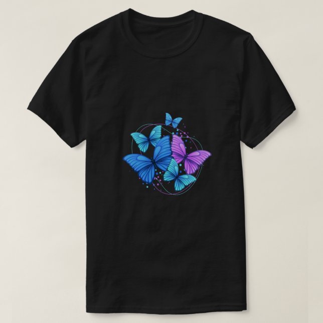 Lila Blue Bright Modern Flies Butterflies T Shirt (Design framsida)