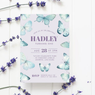Lila Blue Butterfly Girl Birthday Inbjudningar