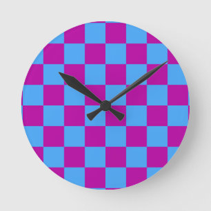 Lila Blue Checkered Mönster Rund Klocka