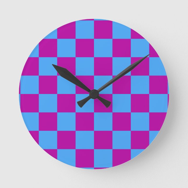 Lila Blue Checkered Mönster Rund Klocka (Framsida)