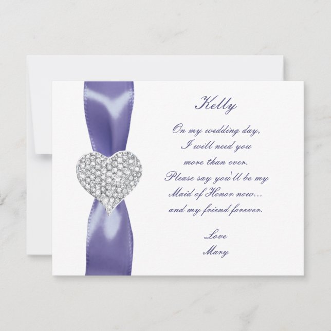 Lila Blue Diamond Heart Maid of honor Card Inbjudningar (Framsida)