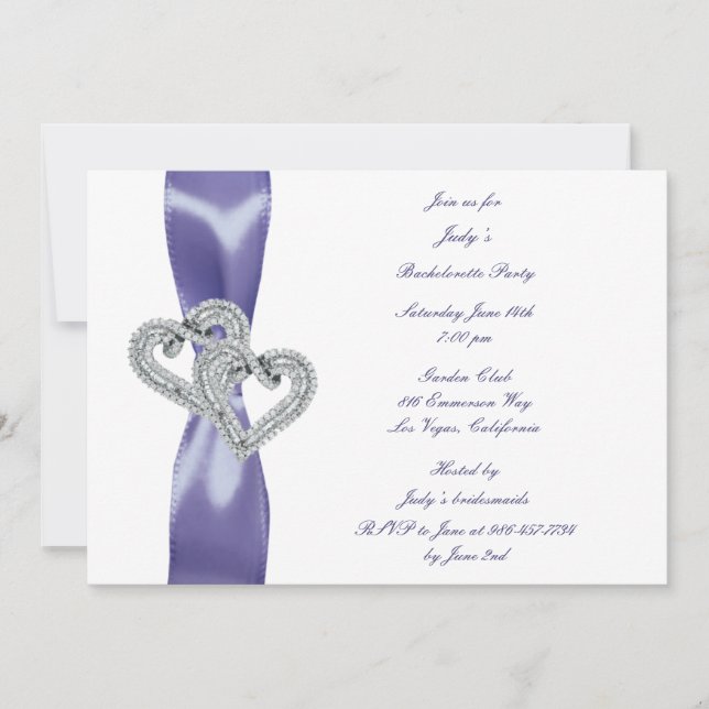 Lila Blue Diamond Hearts Bachelorette Party Inbjudningar (Framsida)
