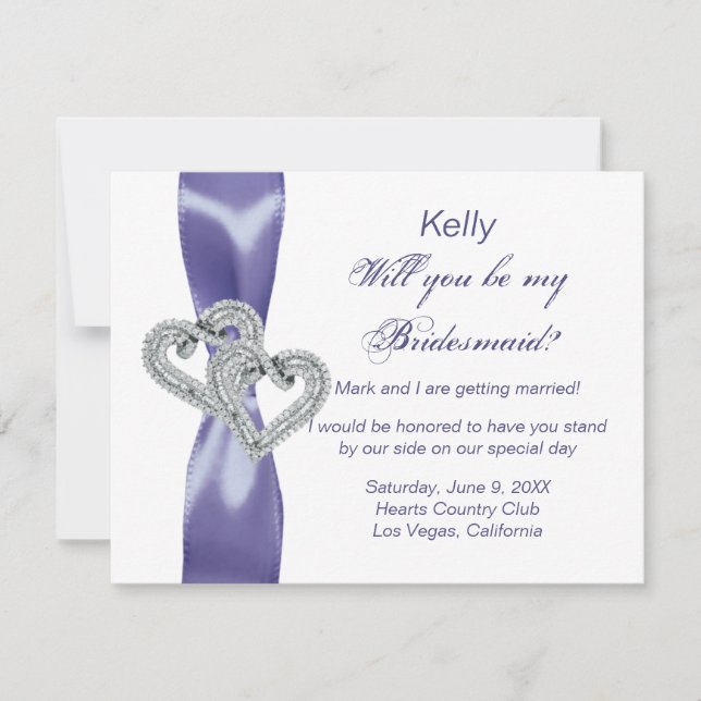 Lila Blue Diamond Hearts Bridesmaid Card Inbjudningar (Framsida)
