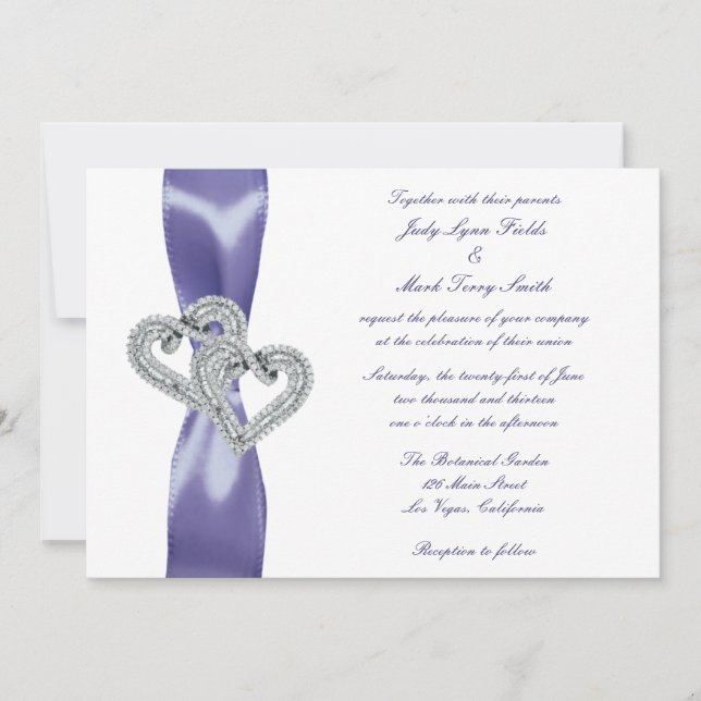 Lila Blue Diamond Hearts Wedding bjudande Inbjudningar (Framsida)