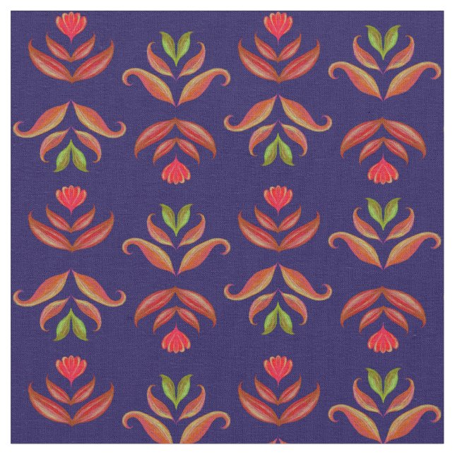 Lila Blue Folk Art Flowers Mysigt och Rustic Autum Tyg (Närbild)