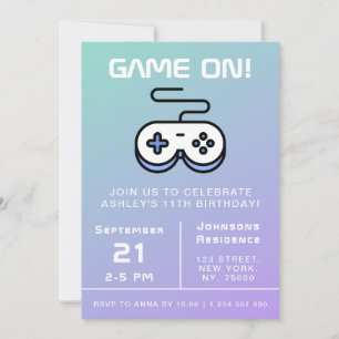 Lila Blue Game on Gamer Barns födelsedag Party Rol Inbjudningar