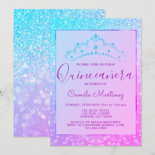 Lila - Blue Girly Glitter Gnistra Quinceanera Inbjudningar