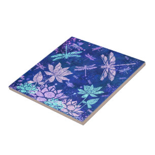Lila Blue Glitter Flowers & Dragonflies - Beauty Kakelplatta