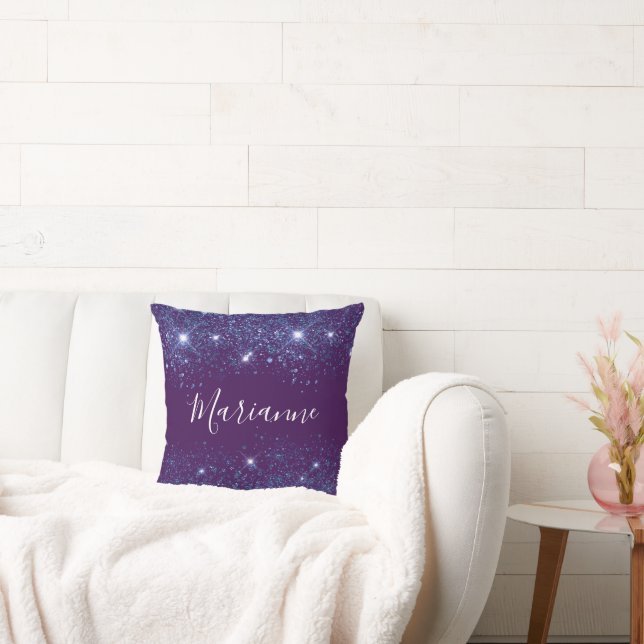 Lila Blue glitter monogram namn Kudde (Soffa)