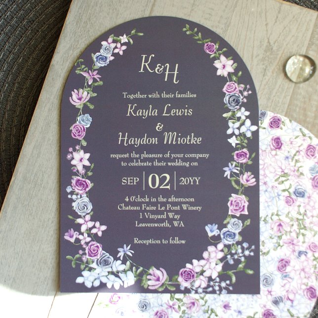 Lila Blue Grått Ro Garden Arches Canopy Bröllop Inbjudningar (modern arched slate gray lavender lilac blue purple roses boho wedding invitations, blue-gray solid)