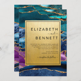Lila Blue Grönt Agate Guld Glitter Bröllop Inbjudningar