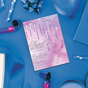 Lila Blue HoloGraph Glitter Drips Sweet 16 Inbjudningar