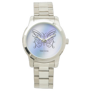Lila Blue Holography Butterfly Monogram Namn Armbandsur