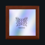 Lila Blue Holography Butterfly Monogram Namn Minnesask<br><div class="desc">En elegant svart bläck öppen fjäril på lila blå holografisk bakgrund. Ditt namn skrivs nedan i ett lekfullt teckensnitt.</div>