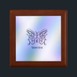 Lila Blue Holography Butterfly Monogram Namn Minnesask<br><div class="desc">En elegant svart bläck öppen fjäril på lila blå holografisk bakgrund. Ditt namn skrivs nedan i ett lekfullt teckensnitt.</div>
