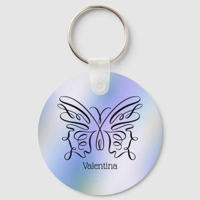 Lila Blue Holography Butterfly Monogram Namn Nyckelring (Framsida)