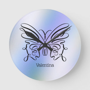 Lila Blue Holography Butterfly Monogram Namn Rund Klocka