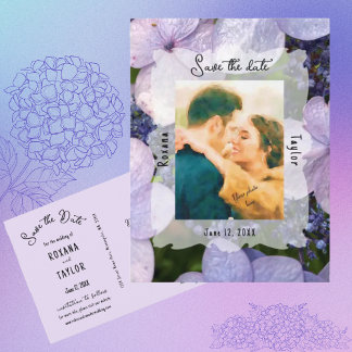 Lila Blue Hydrangea Bröllop Photo Save Date Vykort