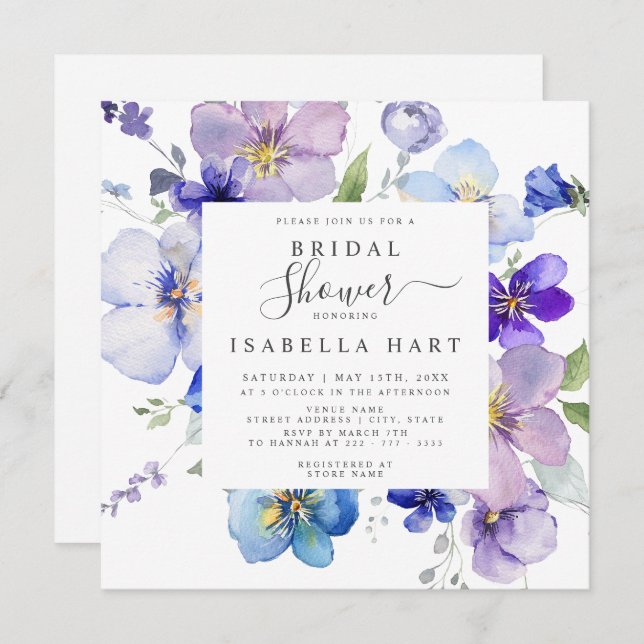 Lila Blue Mauve Pansy Viola Blommigt Möhippa Inbjudningar (Fram/baksida)