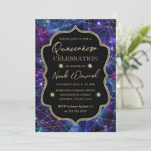 Lila & Blue Midnight Crystal Galaxy Quinceanera Inbjudningar (Stående Fram)