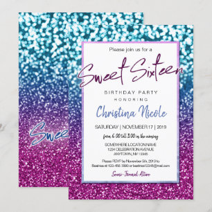 Lila Blue och Bokeh Ljus Glam Sweet 16 Inbjudningar