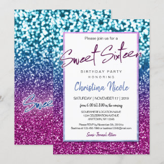 Lila Blue och Bokeh Ljus Glam Sweet 16 Inbjudningar