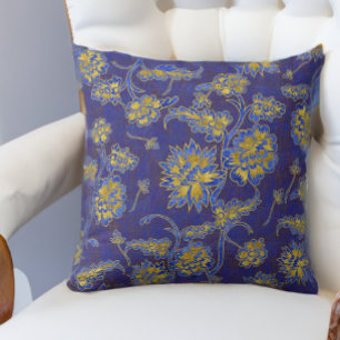 Lila Blue och Guld Blommigt Chintz Kudde