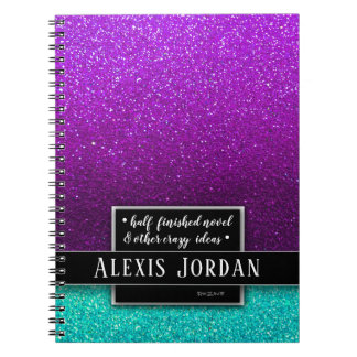 Lila Blue Ombre Glitter Black White Monogram Anteckningsbok
