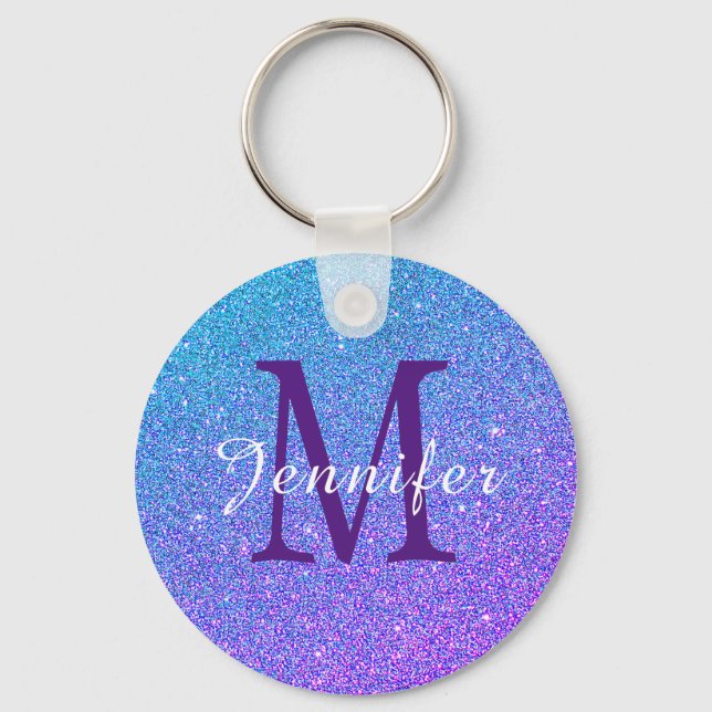 Lila Blue Ombre Glitter Sparkles Monogram Namn Nyckelring (Framsida)