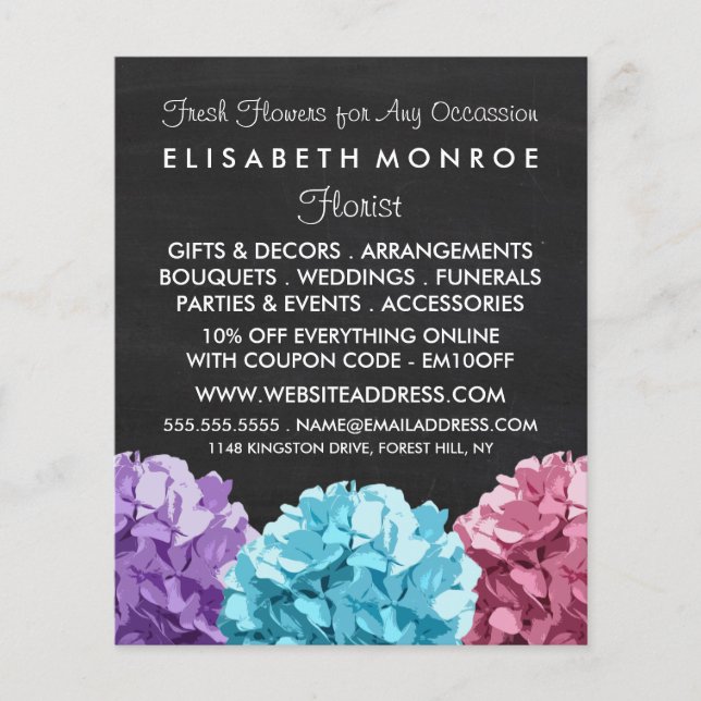 Lila, Blue & Rosa Hydrangea Chalkboard Floristry Flygblad (Framsidan)