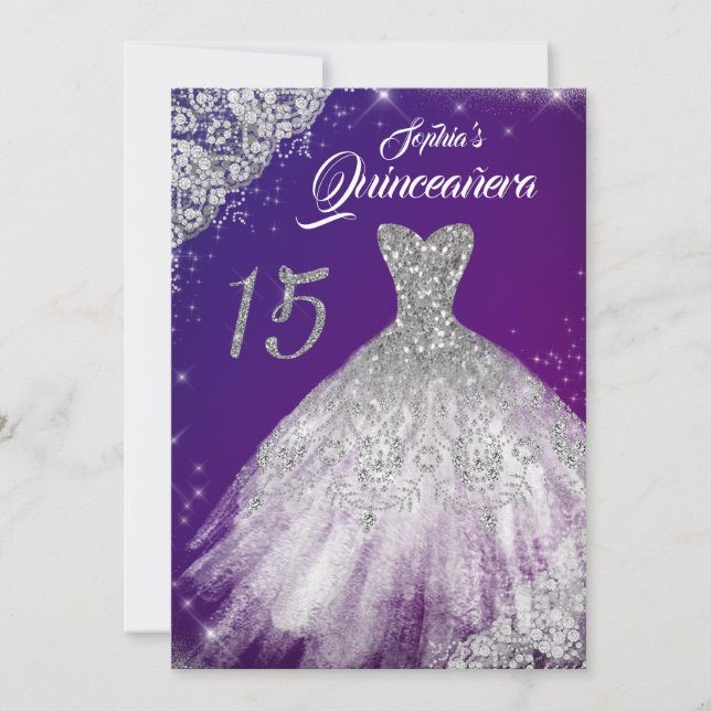 Lila Blue Snöre Diamond Gnistra Gown Quinceanera Inbjudningar (Framsida)