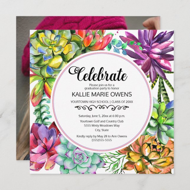 Lila Blue Succulents Botanical Studenten Photo Inbjudningar (Fram/baksida)